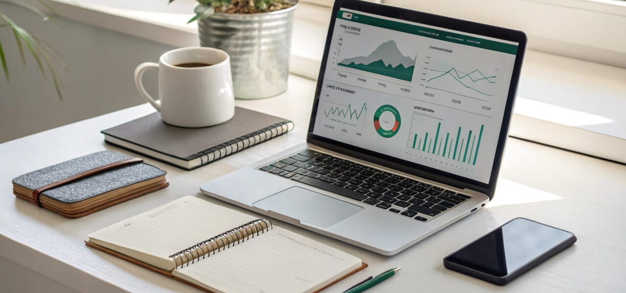 Laptop mit SEO-Dashboard, Notizbuch und Smartphone auf einem Schreibtisch – perfekt für DIY-SEO.