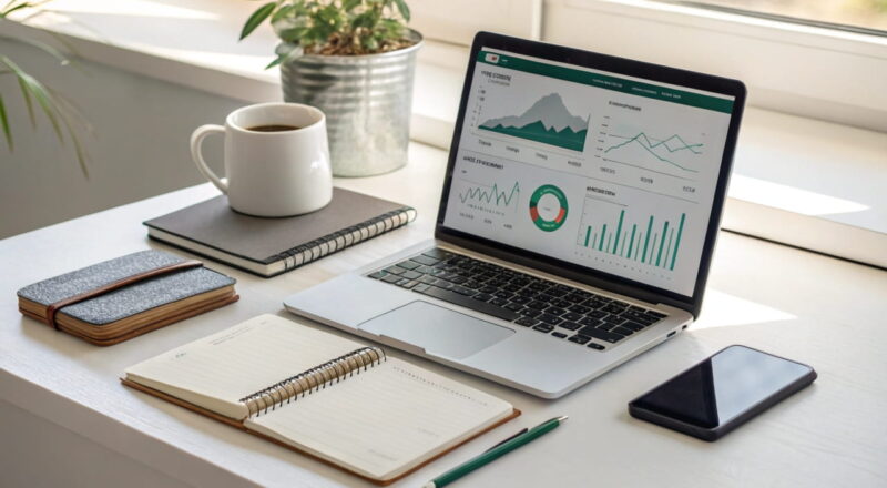 Laptop mit SEO-Dashboard, Notizbuch und Smartphone auf einem Schreibtisch – perfekt für DIY-SEO.