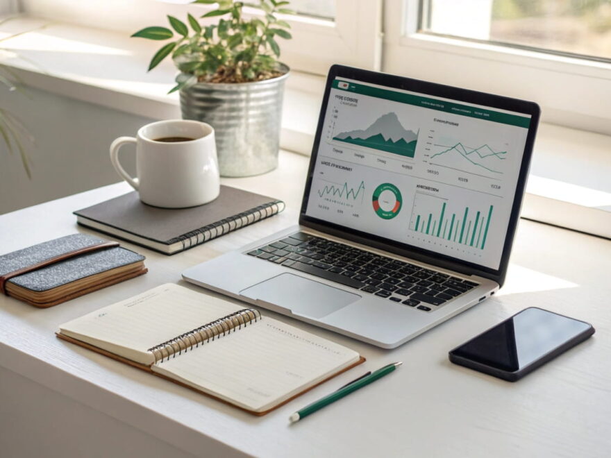 Laptop mit SEO-Dashboard, Notizbuch und Smartphone auf einem Schreibtisch – perfekt für DIY-SEO.