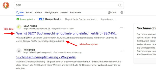 Beispiel für Suchmaschinenergebnisse mit hervorgehobenem SEO-Title und Meta-Description.