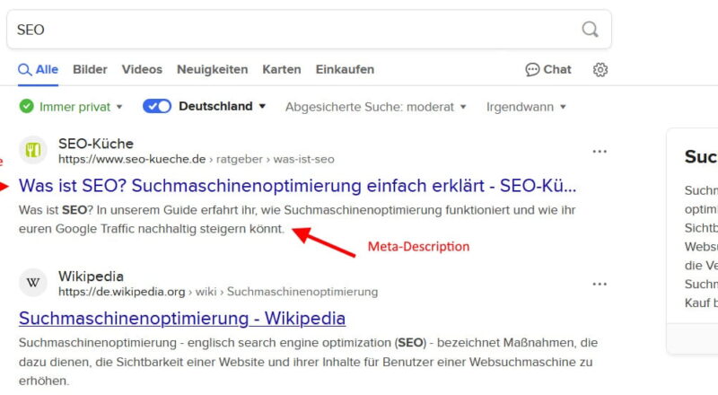 Beispiel für Suchmaschinenergebnisse mit hervorgehobenem SEO-Title und Meta-Description.