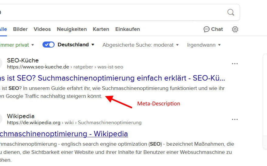 Beispiel für Suchmaschinenergebnisse mit hervorgehobenem SEO-Title und Meta-Description.