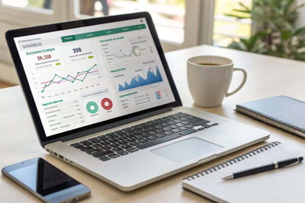 Computerbildschirm mit SEO-Analytics-Dashboard, Notizbuch und Smartphone auf einem Schreibtisch – hilfreiche Tools für SEO selber machen.