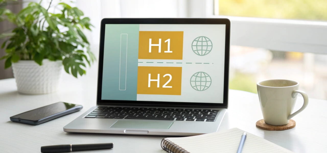 Blogartikel über SEO-Überschriften auf einem Laptop mit H1, H2 und H3 strukturiert dargestellt, minimalistische Schreibtisch-Szene.