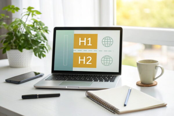 Blogartikel über SEO-Überschriften auf einem Laptop mit H1, H2 und H3 strukturiert dargestellt, minimalistische Schreibtisch-Szene.