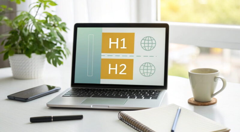 Blogartikel über SEO-Überschriften auf einem Laptop mit H1, H2 und H3 strukturiert dargestellt, minimalistische Schreibtisch-Szene.