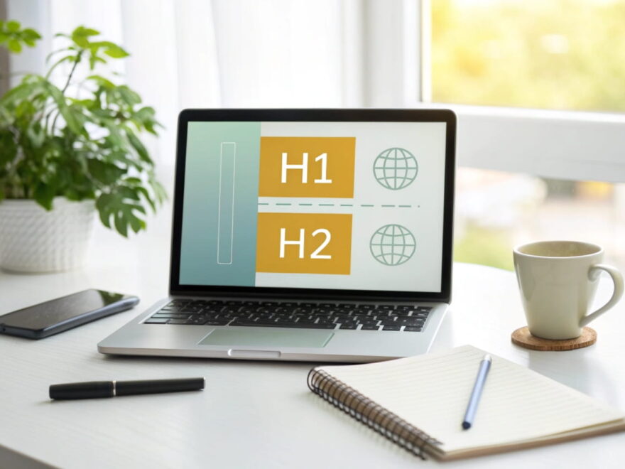 Blogartikel über SEO-Überschriften auf einem Laptop mit H1, H2 und H3 strukturiert dargestellt, minimalistische Schreibtisch-Szene.