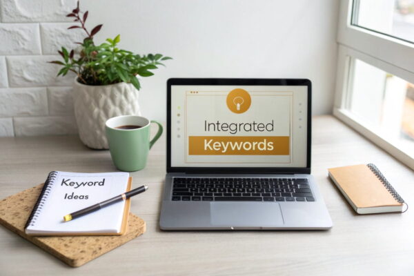 Überschriften und Keywords: Die richtige Balance finden für SEO Laptop mit Keyword-Analyse und Blogeditor, Überschrift mit Keywords integriert, professioneller Schreibtisch für SEO-Content-Erstellung.