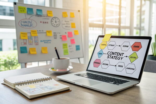 Strategien zur Nutzung der Keyword Gap für deinen Content Laptop mit Content-Strategie-Diagramm, umgeben von Stichwort-Notizen und Ideen, Symbol für die strategische Nutzung der Keyword Gap.