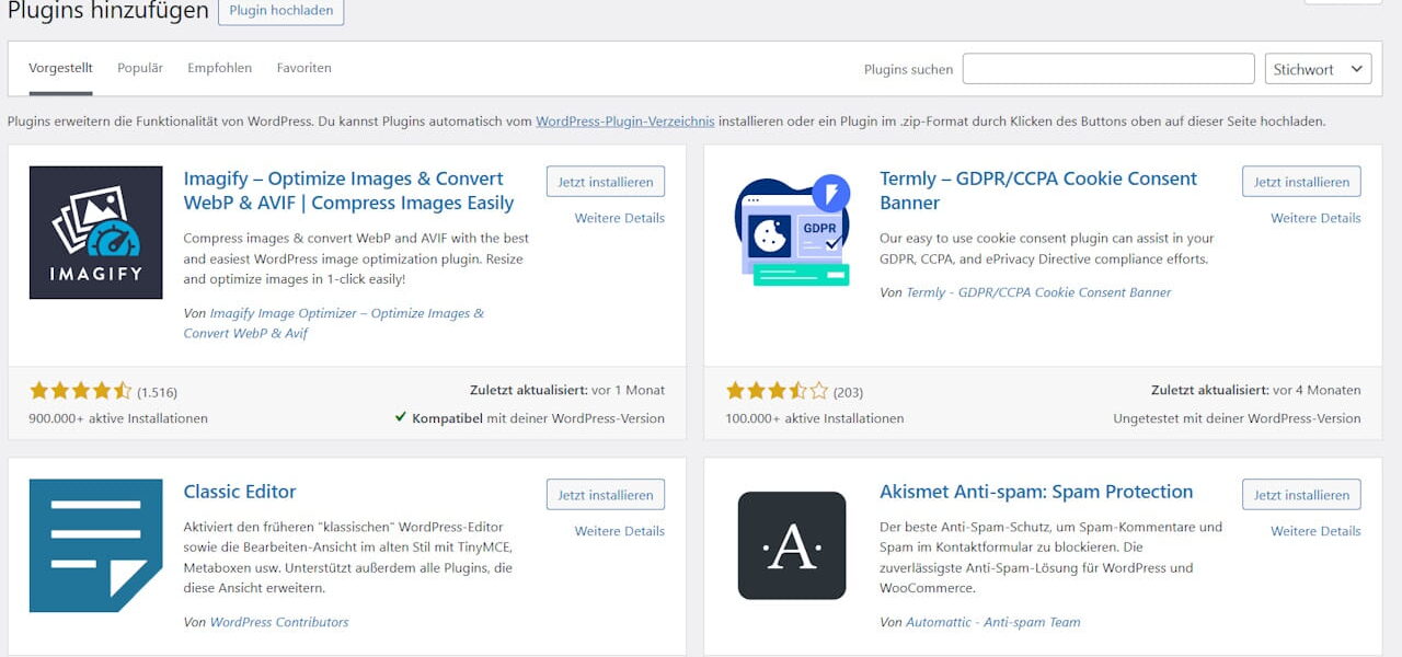 WordPress Plugins hinzufügen: Übersicht mit vorgestellten Plugins wie Imagify, Termly, Classic Editor und Akismet Anti-Spam.