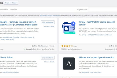 WordPress Plugins hinzufügen: Übersicht mit vorgestellten Plugins wie Imagify, Termly, Classic Editor und Akismet Anti-Spam.