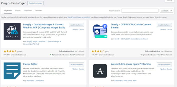 WordPress Plugins hinzufügen: Übersicht mit vorgestellten Plugins wie Imagify, Termly, Classic Editor und Akismet Anti-Spam.