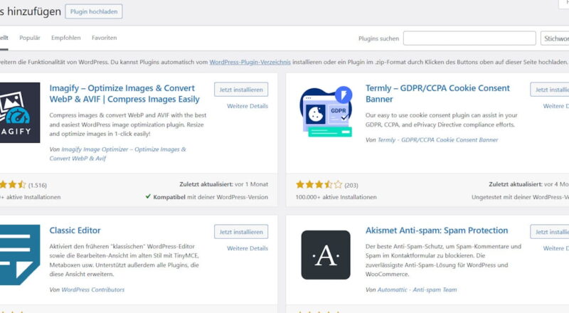 WordPress Plugins hinzufügen: Übersicht mit vorgestellten Plugins wie Imagify, Termly, Classic Editor und Akismet Anti-Spam.