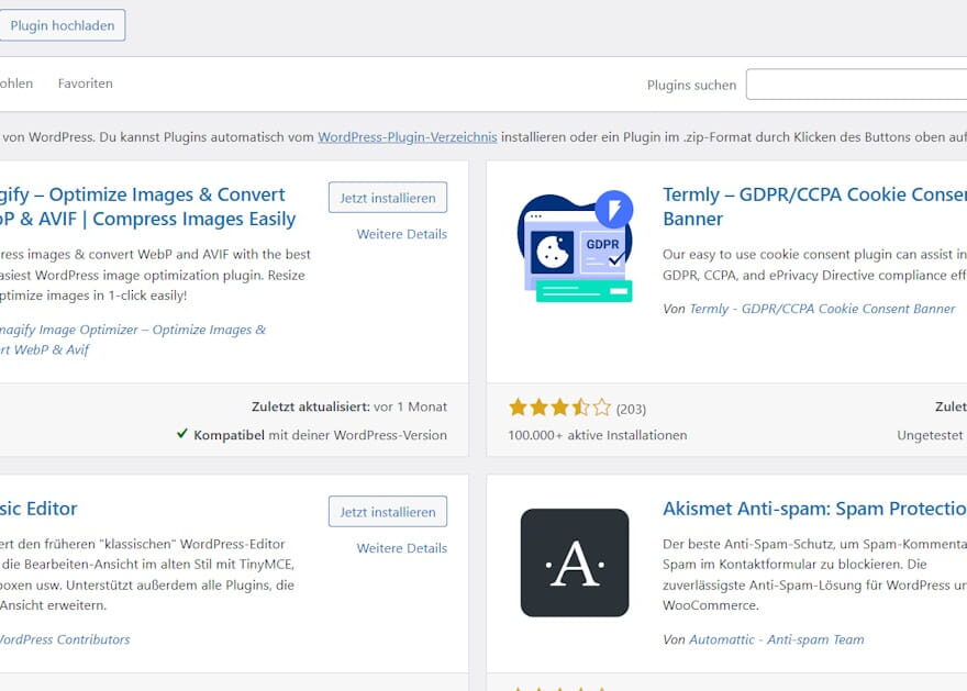 WordPress Plugins hinzufügen: Übersicht mit vorgestellten Plugins wie Imagify, Termly, Classic Editor und Akismet Anti-Spam.