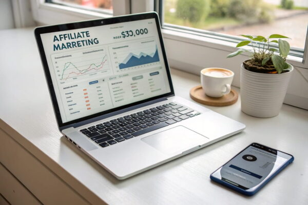 Laptop mit Affiliate-Marketing-Dashboard und Smartphone mit Provisionsbenachrichtigung, symbolisch für passives Einkommen durch Partnerprogramme. Laptop mit Affiliate-Marketing-Dashboard und Smartphone mit Provisionsbenachrichtigung, symbolisch für passives Einkommen durch Partnerprogramme.