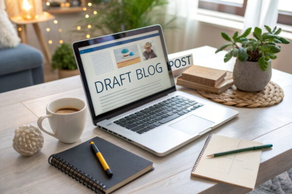 Blog-Inhalte schreiben: Kreative Texte am Laptop erstellen Schreibtisch mit Laptop, auf dem ein Blogartikel erstellt wird, um überzeugende Blog-Inhalte zu schreiben.