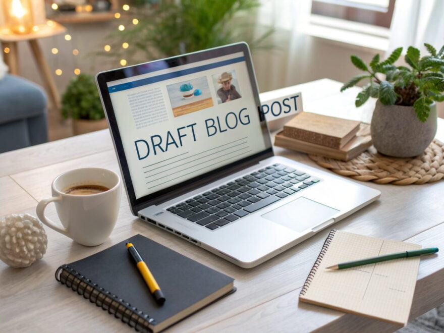 Schreibtisch mit Laptop, auf dem ein Blogartikel erstellt wird, um überzeugende Blog-Inhalte zu schreiben.