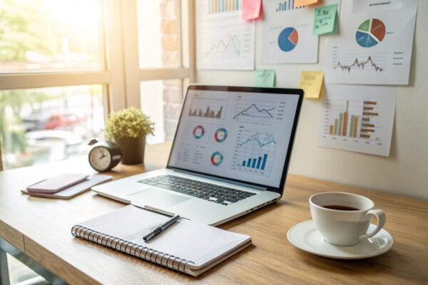 Warum einen Blog monetarisieren? Vorteile und Potenziale Arbeitsplatz eines Bloggers mit Laptop, Kaffeetasse und Notizbuch, symbolisch für die Vorteile und Potenziale von Blog monetarisieren.