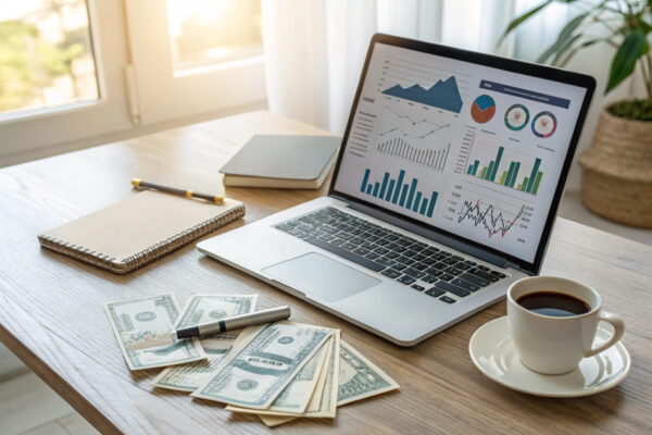 Monetarisierung ohne Technikstress – Deinen Blog profitabel machen Ein Laptop zeigt ein Blog-Dashboard mit Umsatzdiagrammen und Affiliate-Links – Monetarisierung leicht gemacht.