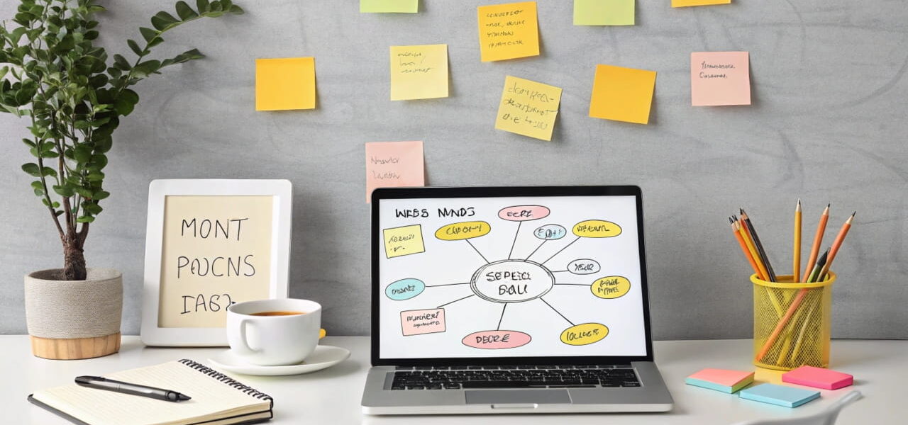 Schreibtisch mit Laptop und Mindmap zur Auswahl der richtigen Blog-Nische, um Blog-Themen zu finden.