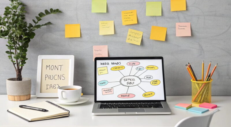 Schreibtisch mit Laptop und Mindmap zur Auswahl der richtigen Blog-Nische, um Blog-Themen zu finden.