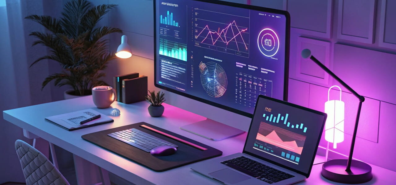 Futuristischer Blogging-Arbeitsplatz mit holografischen Bildschirmen und modernen Tools, die die Blogging-Trends 2025 zeigen.