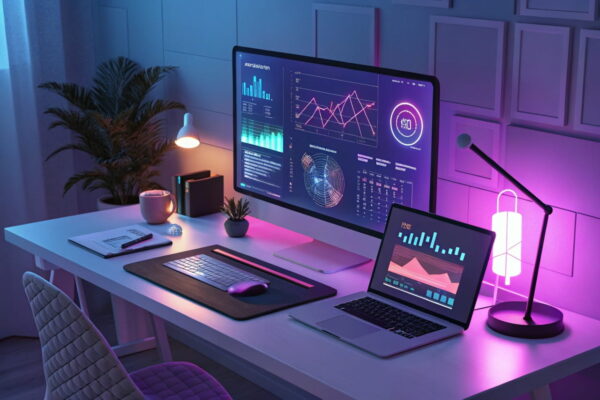 Blogging-Trends 2025: Futuristische Tools und Innovationen Futuristischer Blogging-Arbeitsplatz mit holografischen Bildschirmen und modernen Tools, die die Blogging-Trends 2025 zeigen.