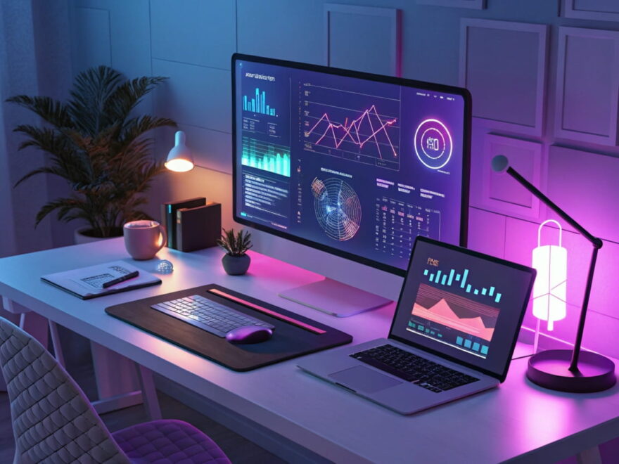 Futuristischer Blogging-Arbeitsplatz mit holografischen Bildschirmen und modernen Tools, die die Blogging-Trends 2025 zeigen.