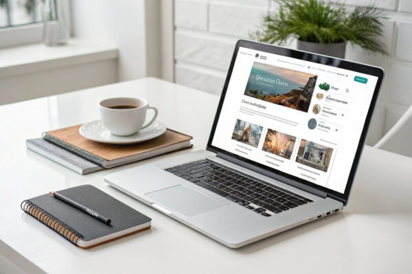 Benutzerfreundliche Blogplattform für erfolgreiches Bloggen Ein Laptop zeigt eine benutzerfreundliche Blogplattform mit Drag-and-Drop-Funktionen – ideal für erfolgreiches Bloggen.