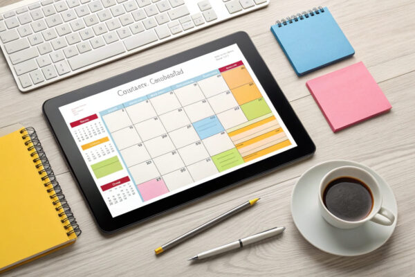Content-Kalender erstellen: Mehr Struktur und Effizienz für deinen Blog Content-Kalender erstellen: Digitaler Kalender auf Tablet mit farbigen Sticky Notes und Notizbuch auf einem organisierten Schreibtisch.