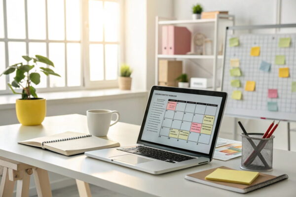 Content-Planung: Der Schlüssel zum erfolgreichen Blog Content-Planung für Blogs: Laptop mit Content-Kalender, Sticky Notes und Kaffeetasse auf einem Schreibtisch in moderner Arbeitsumgebung.