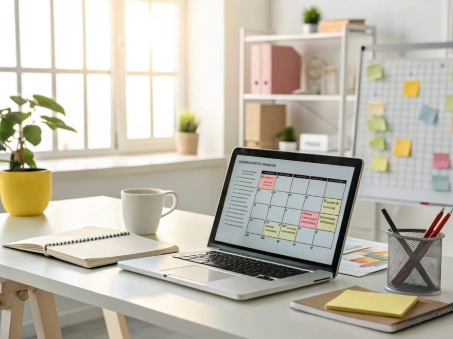 Content-Planung für Blogs: Laptop mit Content-Kalender, Sticky Notes und Kaffeetasse auf einem Schreibtisch in moderner Arbeitsumgebung.