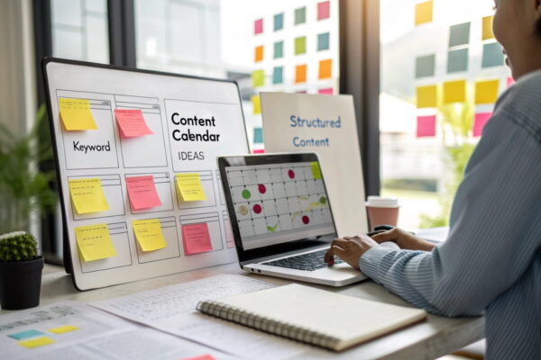 Content-Planung für Nischenseiten – Redaktionskalender & Keywords Laptop mit Redaktionskalender, Keyword-Recherche und Content-Arten für eine effektive Content-Strategie für Nischenseiten.