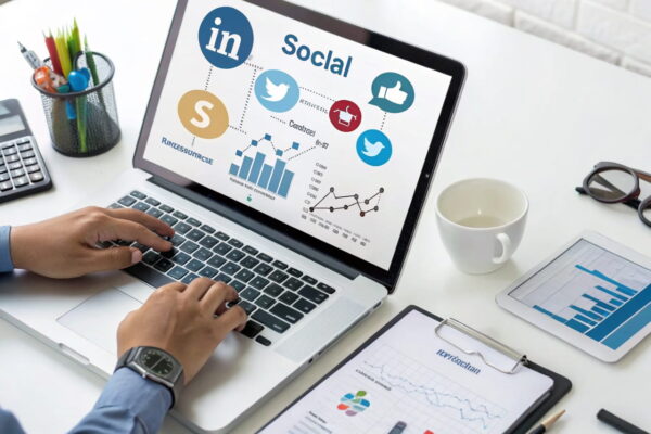 Content-Promotion für Nischenseiten – Social Media, Backlinks & Newsletter Laptop mit Social-Media-Analyse, Backlink-Strategie und Newsletter-Planung für die Content-Promotion von Nischenseiten.