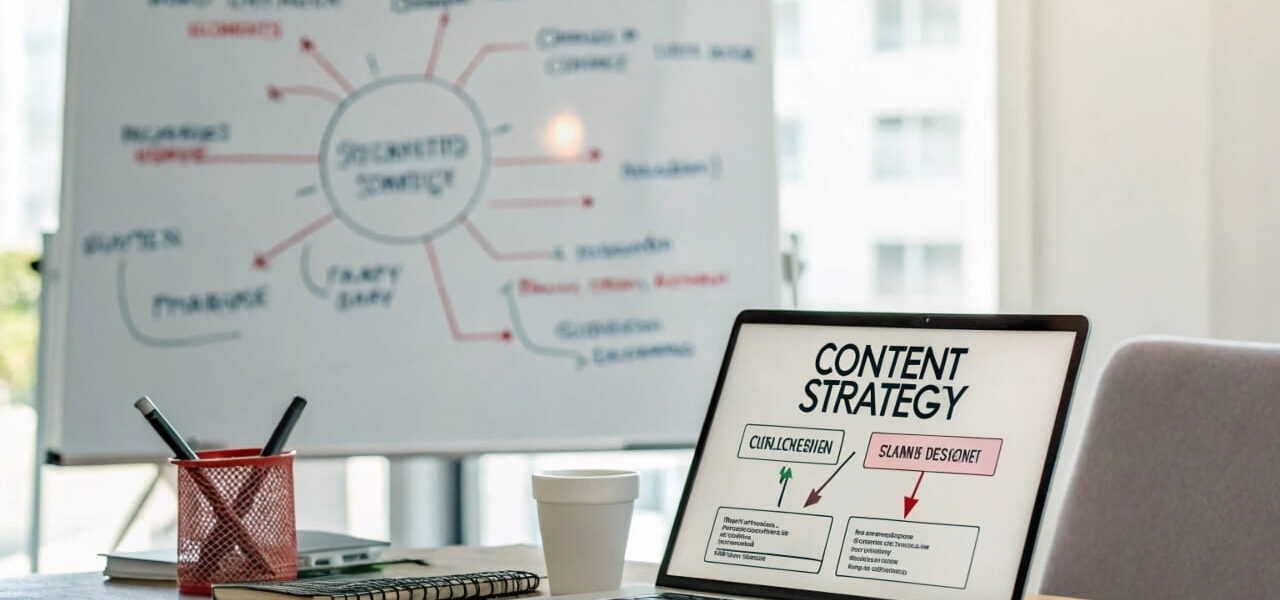Visuelle Darstellung einer Content-Strategie für Nischenseiten mit Laptop, Mindmap und SEO-Analyse.