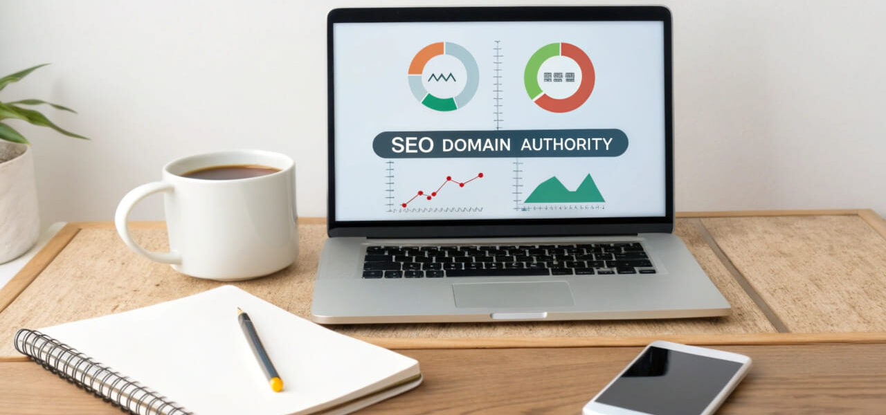 Digitales Dashboard mit Domain Authority-Anzeige auf einem Laptop in modernem Büro.