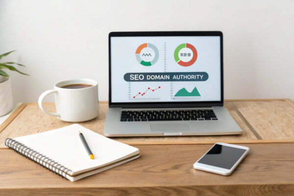 Digitales Dashboard mit Domain Authority-Anzeige auf einem Laptop in modernem Büro.