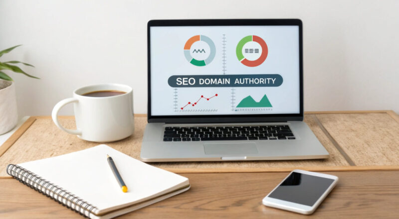 Digitales Dashboard mit Domain Authority-Anzeige auf einem Laptop in modernem Büro.