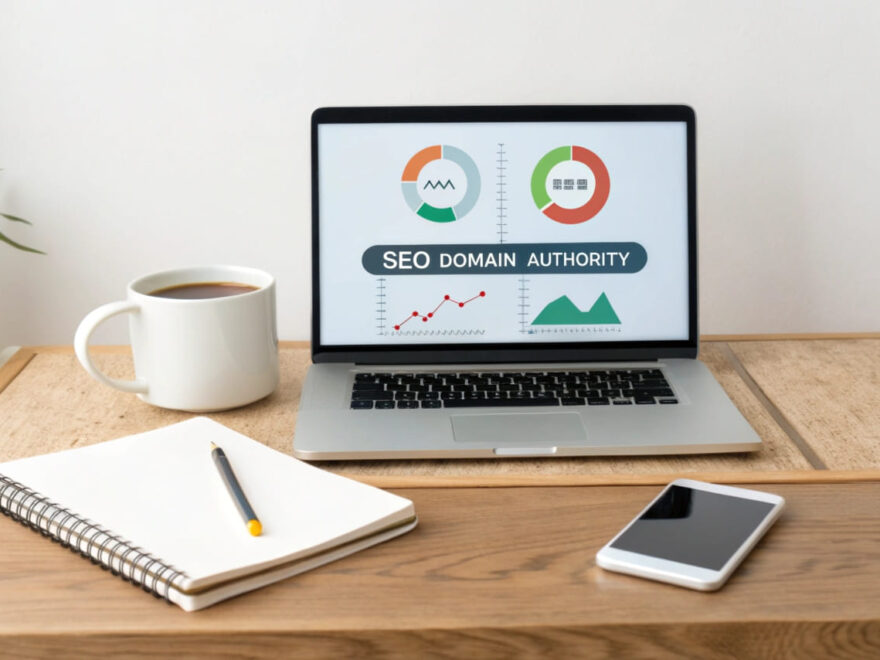 Digitales Dashboard mit Domain Authority-Anzeige auf einem Laptop in modernem Büro.