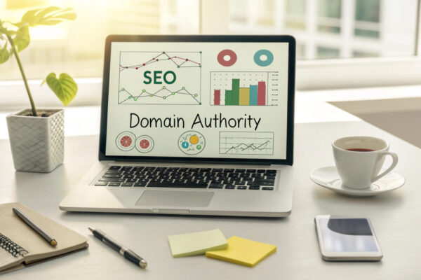 SEO-Dashboard mit Strategien zur Verbesserung der Domain Authority, dargestellt auf einem Laptop in einem modernen Büro.