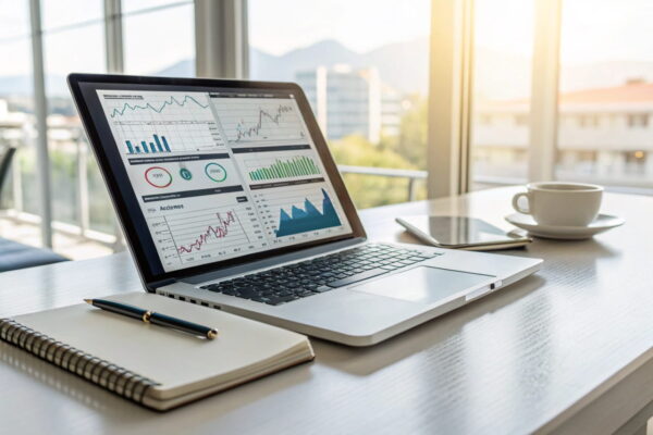 Erfolgskontrolle: Content-Strategie gezielt optimieren Erfolgskontrolle: Laptop mit Analytics-Daten und Notizbuch auf modernem Schreibtisch für die Optimierung der Content-Strategie.