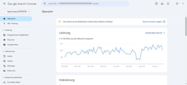 Google Search Console: Leistungs- und Indexierungsübersicht Screenshot der Google Search Console mit Leistungs- und Indexierungsberichten einer Webseite