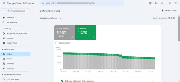 Google Search Console: Seitenindexierungsbericht im Überblick Screenshot der Google Search Console mit Seitenindexierungsbericht, Anzahl indexierter und nicht indexierter Seiten