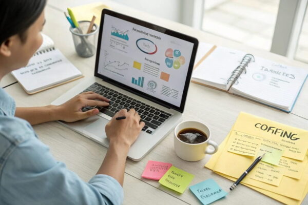Person analysiert profitable Nischen am Laptop mit Keyword-Tool und Notizen auf dem Schreibtisch.