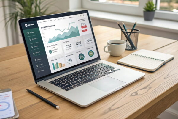 Nischenseite monetarisieren mit Affiliate-Marketing – Erfolgsstrategie Affiliate-Marketing als Strategie, um eine Nischenseite zu monetarisieren – Laptop mit Affiliate-Dashboard und Einnahmenübersicht auf dem Bildschirm.