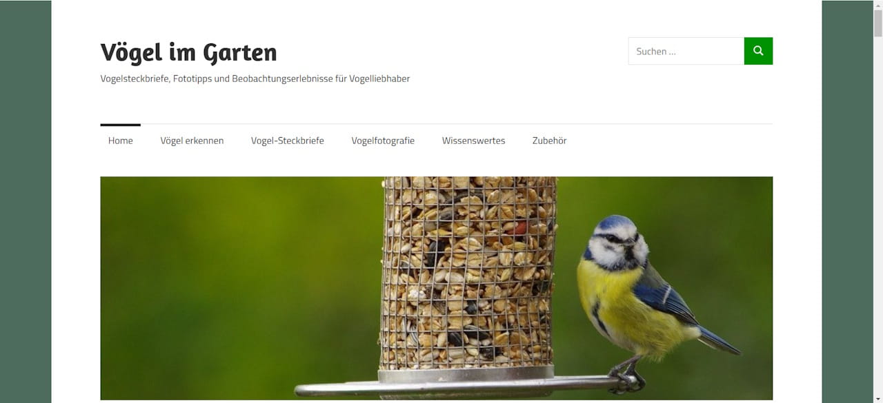 Screenshot einer Nischenseite über heimische Vögel im Garten, mit Navigation und Fokus auf Vogelbeobachtung und Zubehör.