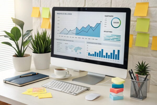 SEO-Grundlagen für Anfänger – Erfolgreich bloggen leicht gemacht Ein Computerbildschirm zeigt ein SEO-Dashboard mit Keyword-Analyse und Traffic-Diagrammen – Grundlagen für erfolgreiches Bloggen.
