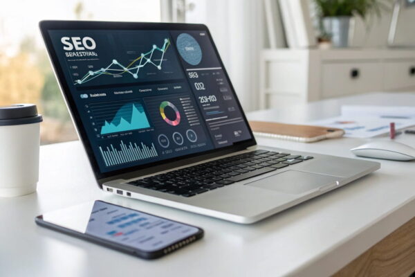 SEO-Strategien 2025: Fortschrittliche Ansätze für Blogger Futuristischer Arbeitsplatz mit Laptop, der SEO-Analysen zeigt, sowie Symbolen für Voice Search, mobile Optimierung und Nutzererfahrung.