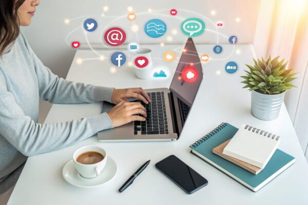 Warum Social Media unverzichtbar für Blogger ist Blogger am Schreibtisch, umgeben von Social-Media-Icons, die Produktivität und Vernetzung symbolisieren.