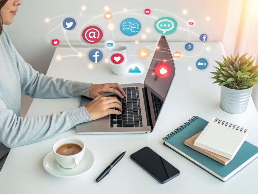 Blogger am Schreibtisch, umgeben von Social-Media-Icons, die Produktivität und Vernetzung symbolisieren.